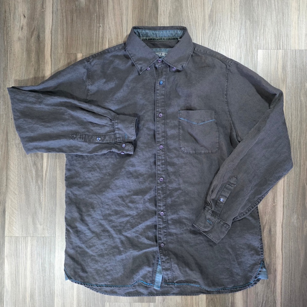 32 Bar Blues Mens Charcoal Grey 100% Linen Long Sleeve Button Down Shirt Large